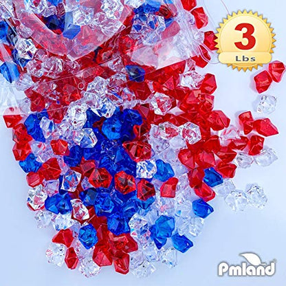  Patriotic Acrylic Ice Rocks Crystals Gems ~550 Pcs 3 Lbs Bulk Bag For Vase Filler Table Scatter Party Wedding Arts Crafts Decoration Display Idea -Red Blue Clear Blend