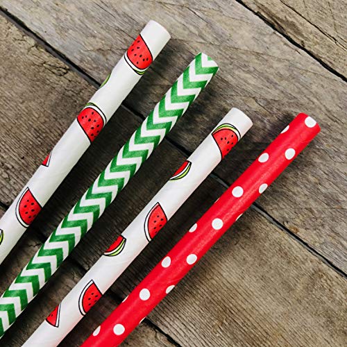  Watermelon Themed Paper Drinking Straws - Red White And Green- Polka Dot And Chevron - 100 Pack - Outside The Box Papers Brand