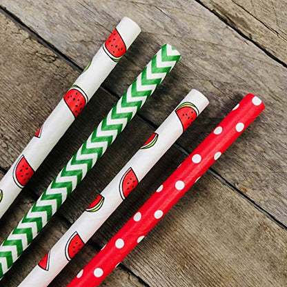  Watermelon Themed Paper Drinking Straws - Red White And Green- Polka Dot And Chevron - 100 Pack - Outside The Box Papers Brand