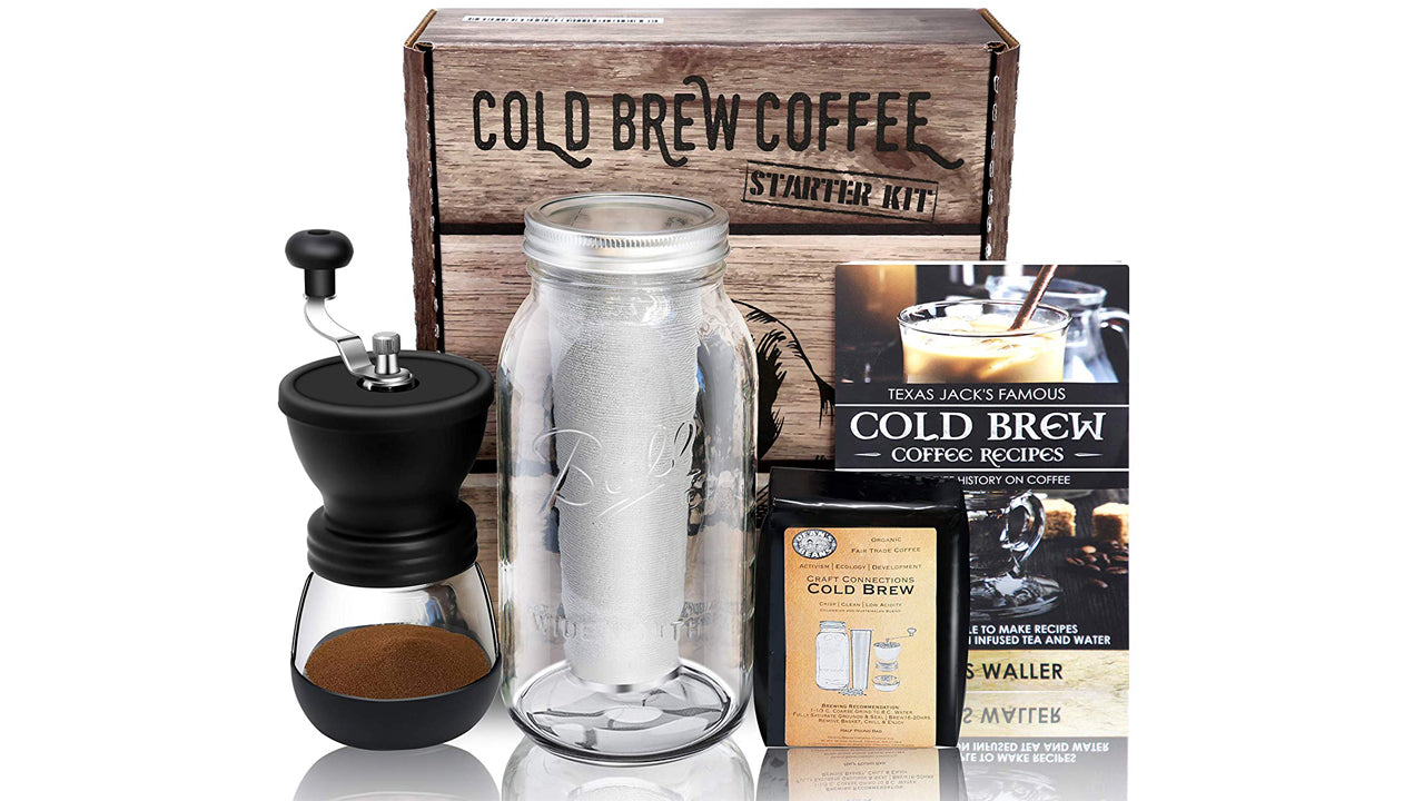  Ld Brew Coffee Maker Starter Kit - Half Gal Mason Jar | Stainless Filter Basket | Ceramic Burr Grinder | Half Pound Certified Organic Whole Bean Cold Brew Blend | Recipe & Instruction Book