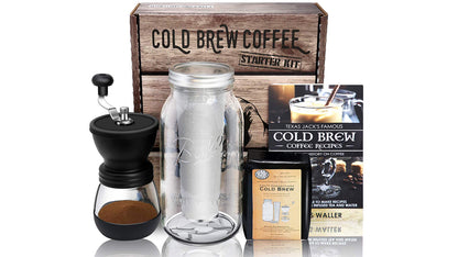  Ld Brew Coffee Maker Starter Kit - Half Gal Mason Jar | Stainless Filter Basket | Ceramic Burr Grinder | Half Pound Certified Organic Whole Bean Cold Brew Blend | Recipe & Instruction Book