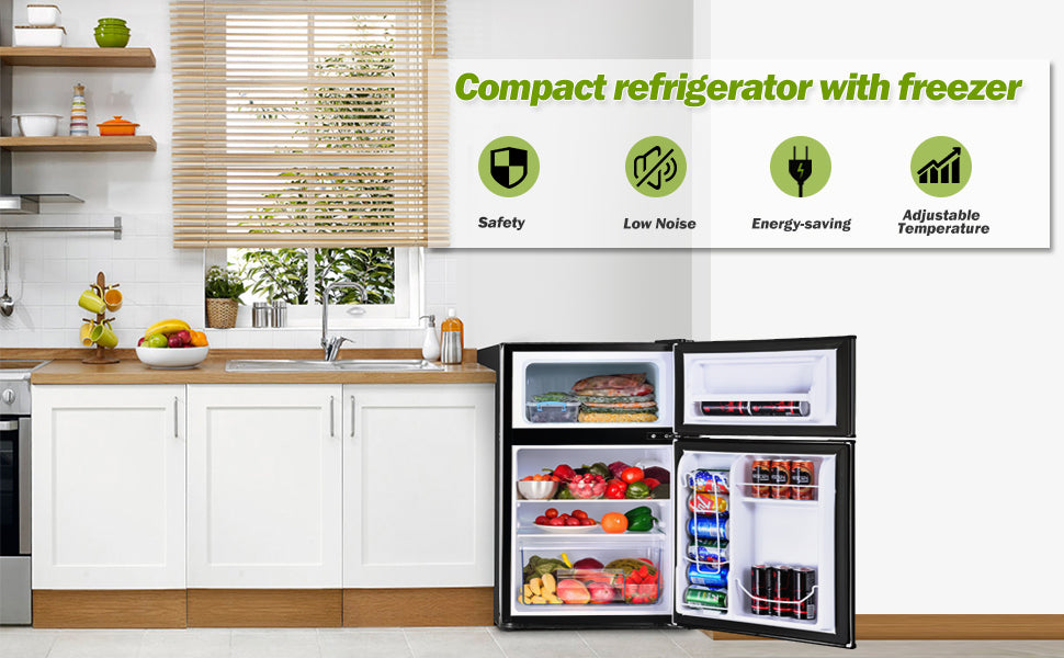  3.2 Cu.FT Mini Fridge With Freezer, Dual Door Refrigerator With Adjustable Temperature & Removable Glass Shelves, Mini Fridge For Dorm, Office, Bedroom, Kitchen(Grey)