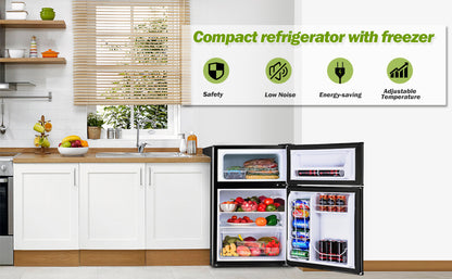  3.2 Cu.FT Mini Fridge With Freezer, Dual Door Refrigerator With Adjustable Temperature & Removable Glass Shelves, Mini Fridge For Dorm, Office, Bedroom, Kitchen(Grey)