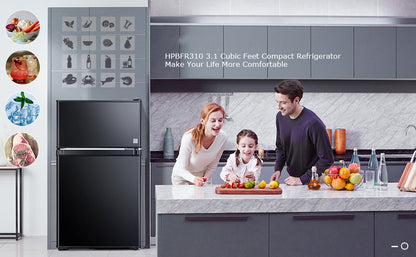  Mini Fridge With Freezer, 3.1 Cu.Ft Refrigerator 2 Doors, Unique Shelf Design, With LED Light, Adjustable Control Thermostat, Small Refrigerator For Bedroom, Office, Dorm, Garage, Black - ‎HPBFR310