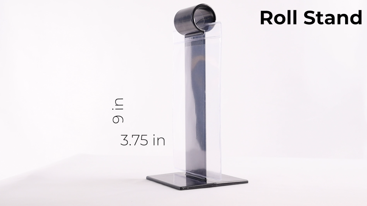  9” Graphite Acrylic Roll Stand With 6 4 ½” X 6 ½” Double-Sided 8-Guage Clear Vinyl Menu Roll Pockets (12 Pack), (ROLLSTANDPACK GRAPHITE)
