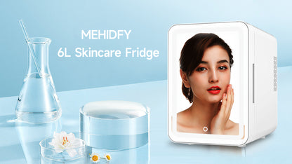  Mini Fridge For Bedroom, 6L Skincare Fridge With Dimmable LED Mirror, Cooler And Warmer Beauty Fridge, Portable Small Refrigerator, Mini Fridge For Makeup, Skincare, Drinks (White)
