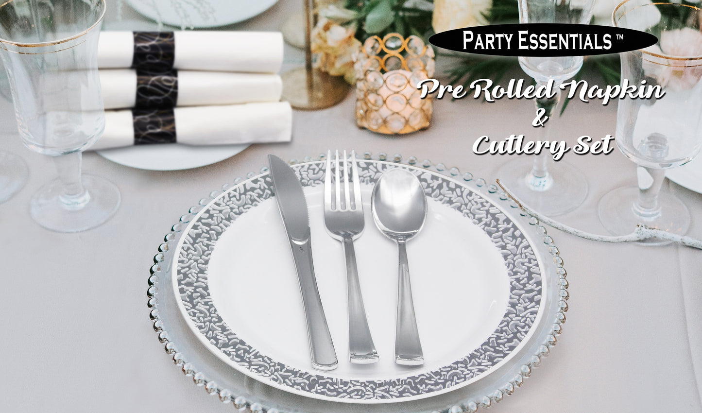  N501732-4 Pre-Rolled Disposable Extra Heavy Duty Plastic Cutlery Kit With Black Fork/Knife/Spoon And 3-Ply White Napkin (Case Of 100 Rolls)